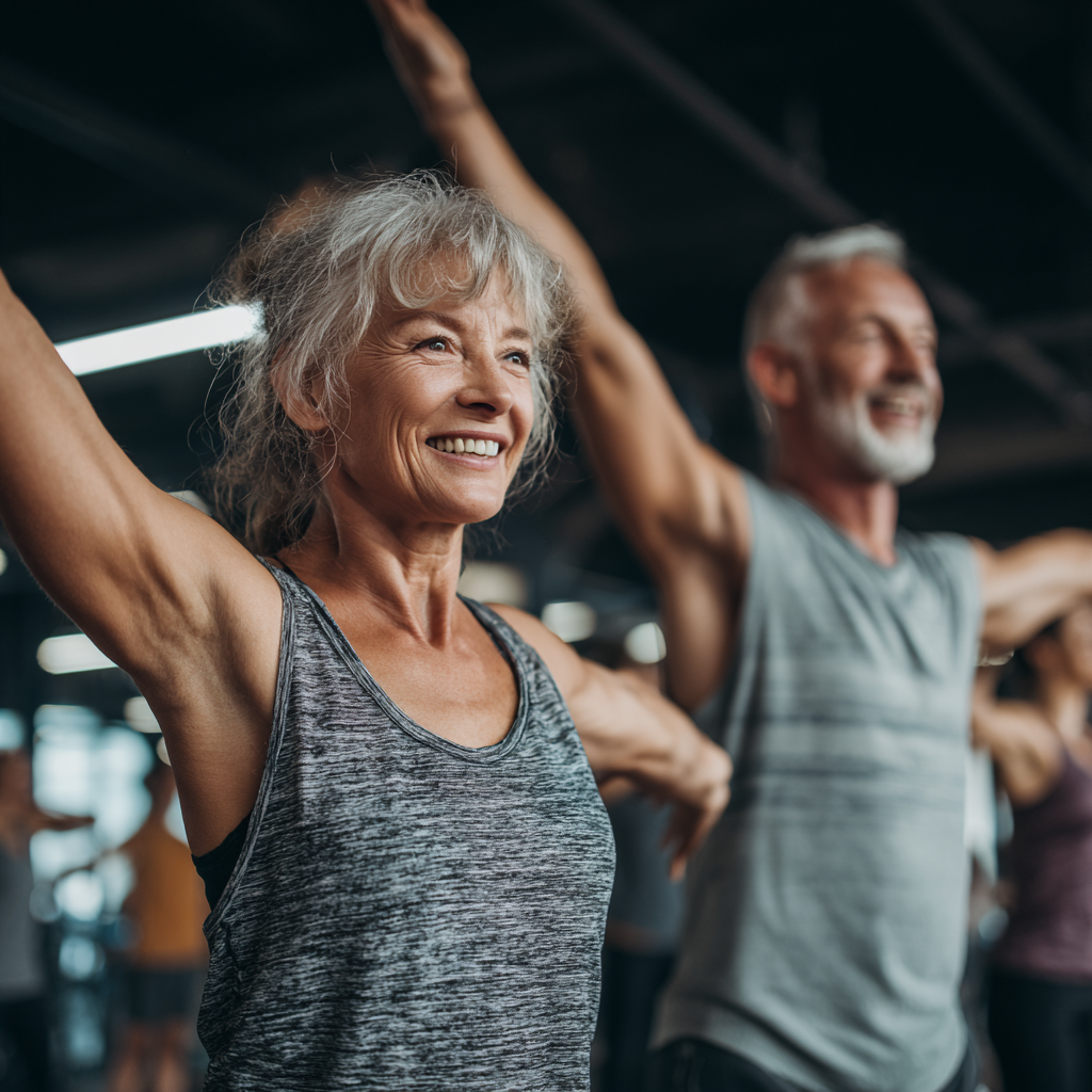 Smiling middle-aged Ukrainian woman in athletic wear performing core stability exercise on a yoga mat in a bright fitness studio